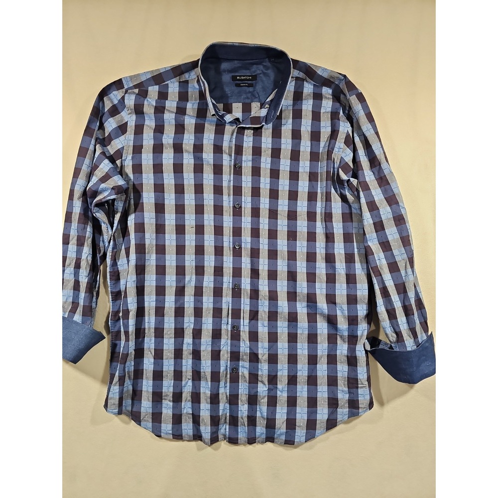 BUGATCHI Mens Shaped Fit Blue Brown Check Plaid Long Sleeve Button Shirt XL